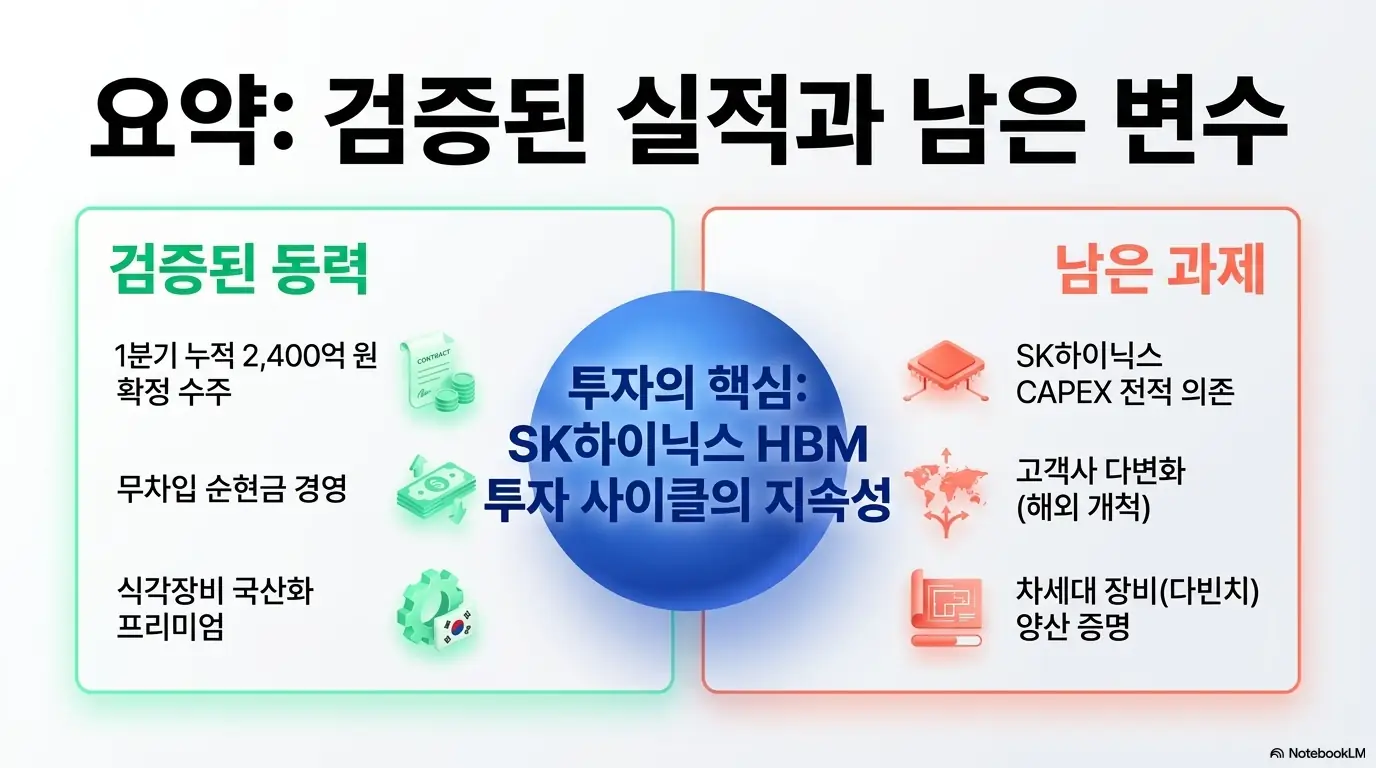 브이엠 주가 전망: 브이엠 투자 포인트를 검증된 동력과 남은 과제로 요약한 그래픽. 1분기 누적 2&amp;#44;400억 원 확정 수주&middot;무차입 순현금 경영&middot;식각장비 국산화 프리미엄을 검증된 동력으로&amp;#44; SK하이닉스 CAPEX 의존&middot;고객사 다변화&middot;차세대 장비 양산 증명을 남은 과제로 나눠&amp;#44; 핵심은 SK하이닉스 HBM 투자 사이클 지속성임을 설명함. 