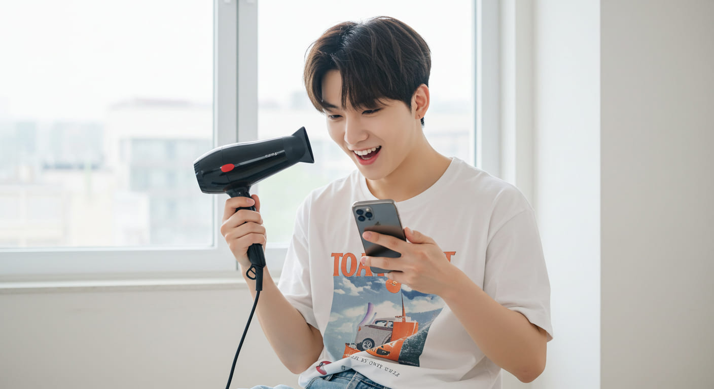 일본에서 드라이기를 사용하는 남자