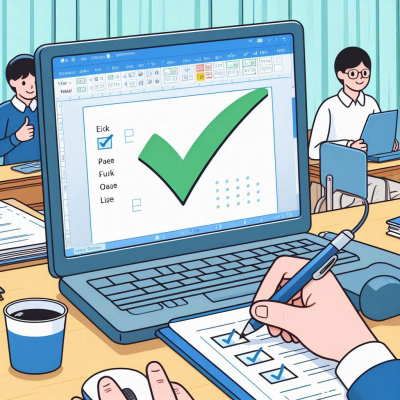 스프레드시트에서 체크 표시를 확인하며 작업하는 손.