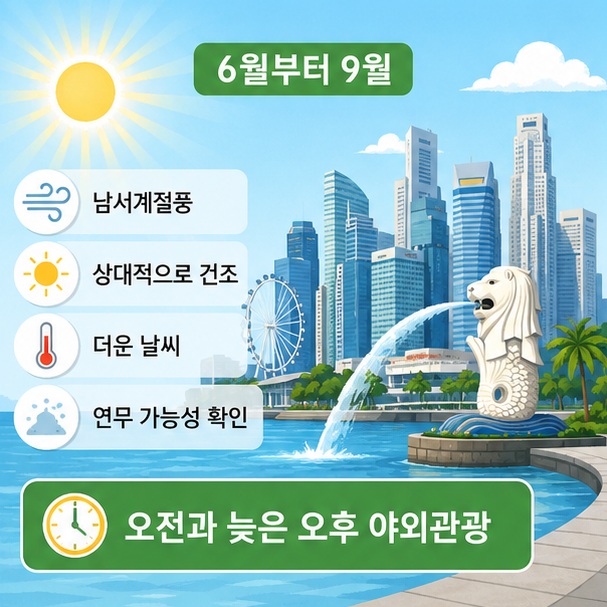 6월부터 9월은 남서계절풍으로 상대적으로 건조하지만 더운 날이 많고 여행 전 연무와 대기질을 확인하는 것이 좋음을 보여 주는 그림