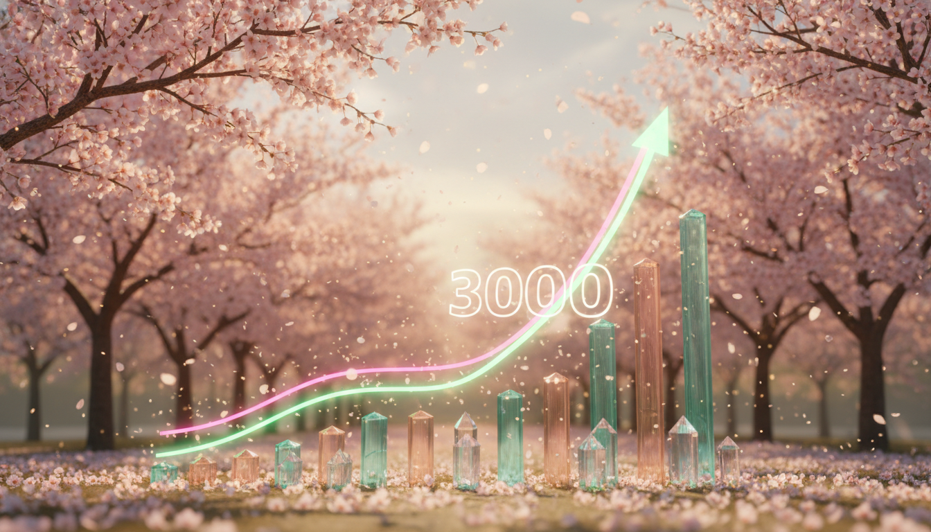 벚꽃이 만개한 배경에서 코스피 지수 그래프가 강력하게 상승하는 모습을 형상화한 이미지