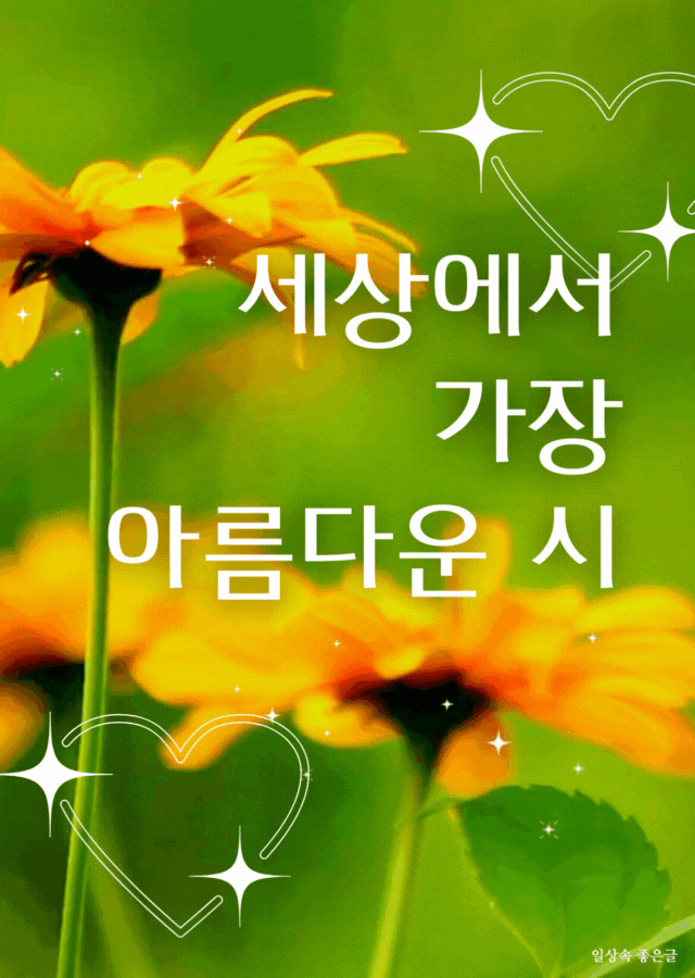 노란 꽃이 피어있는 초록 배경 위에 &lsquo;세상에서 가장 아름다운 시&rsquo;라는 문구가 쓰인 감성 이미지