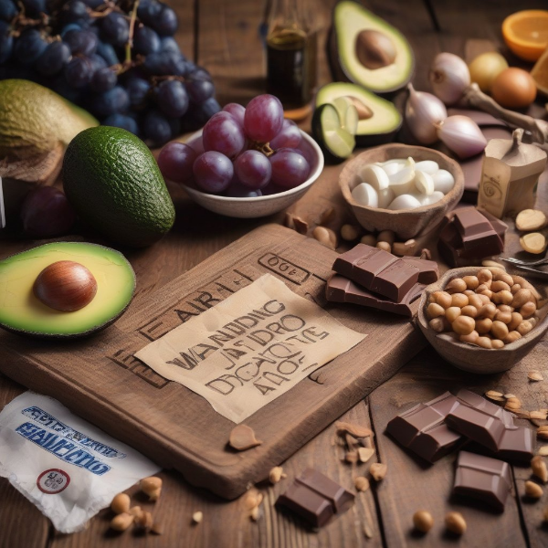 2. 나무 테이블 위에 초콜릿, 포도, 아보카도, 양파, 마늘이 경고 표시와 함께 진열된 스튜디오컷