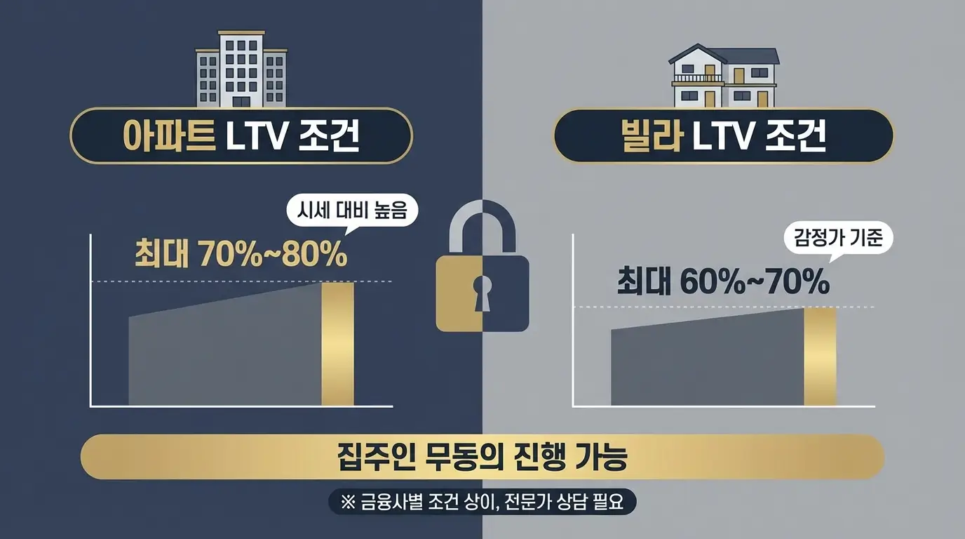 집주인 몰래 진행 가능한 무동의 전세 보증금 담보 대출의 아파트 및 빌라 LTV 조건 비교