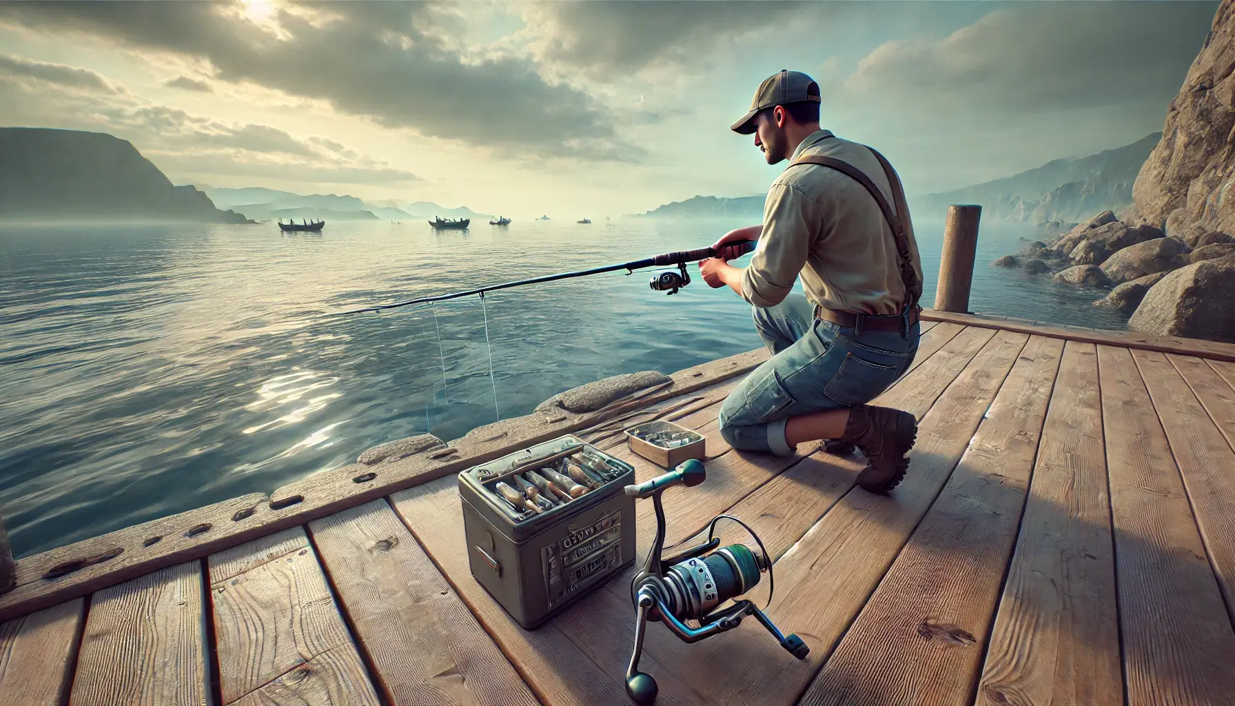 학꽁치 낚싯대를 세팅하는 낚시꾼
