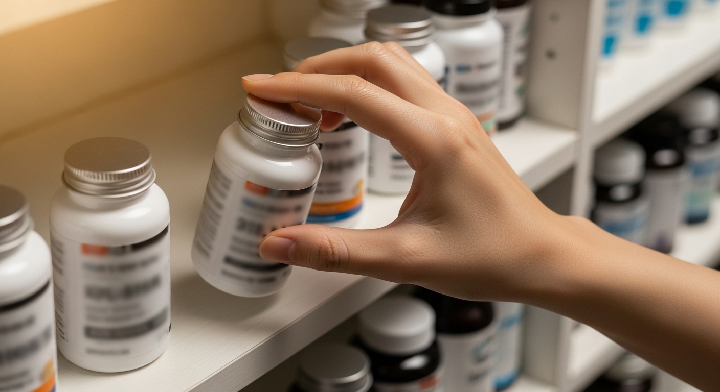 한 사람이 신중하게 자신에게 맞는 영양제를 고르는 모습