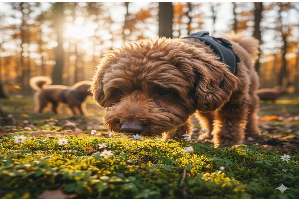 노령견 푸들이 숲길이나 공원에서 코를 킁킁거리며 냄새를 맡는 모습, 작은 풀잎이나 나뭇가지에 관심을 보이는 클로즈업샷입니다.