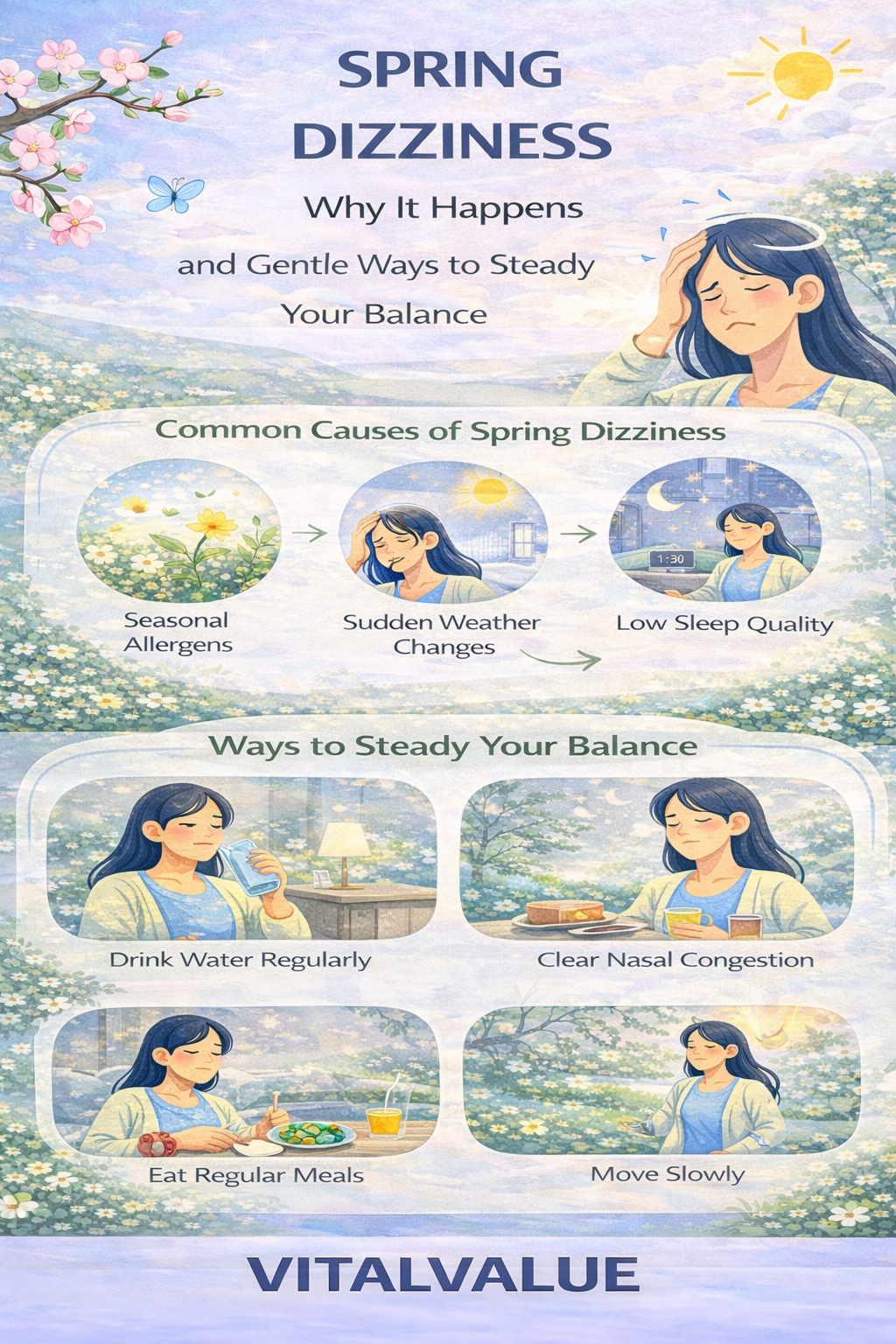 Flat vector infographic about spring dizziness explaining common seasonal causes and gentle ways to steady balance, branded Vital Value.