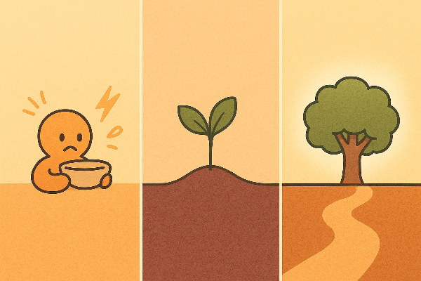 회복과 성장을 상징하는 씨앗-새싹-나무의 3단 장면, 따뜻한 팀 버튼 스타일 일러스트