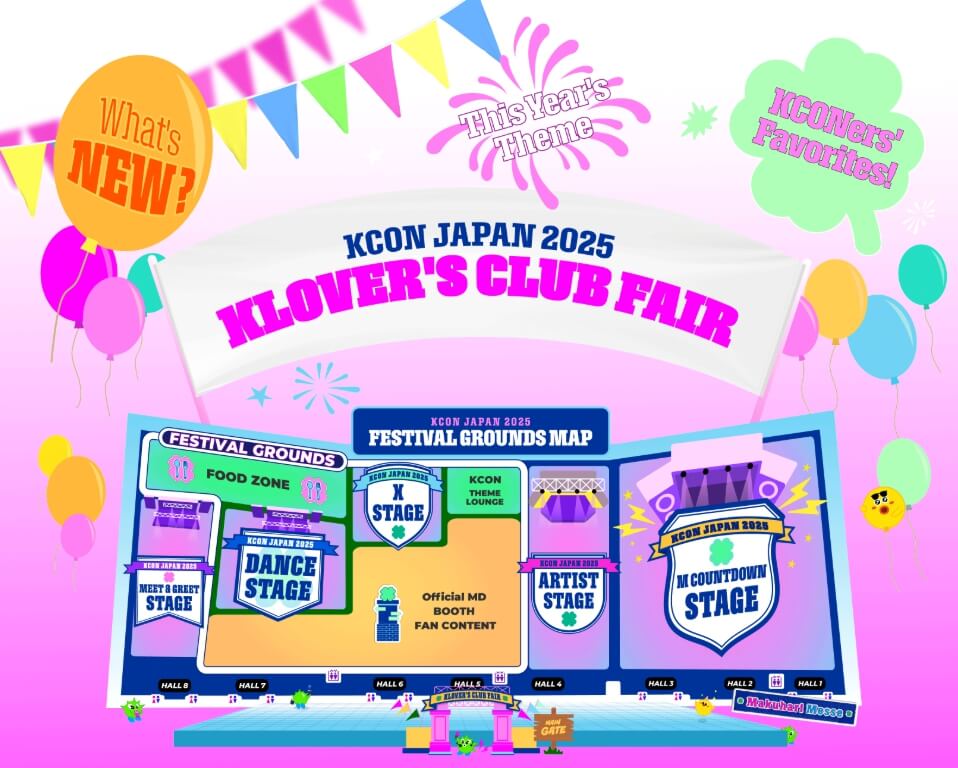 2025 KCON JAPAN 페스티벌 전체 행사장 맵. M COUNTDOWN STAGE, ARTIST STAGE, DANCE STAGE, MEET & GREET STAGE 위치와 입장 게이트, 푸드존 등 부대시설이 한눈에 보이는 구조도.