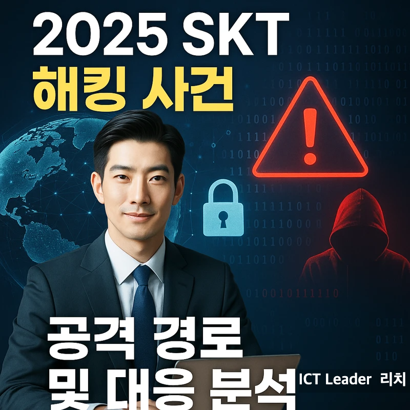 2025년 SKT 해킹 사건을 상징하는 진지한 보안 전문가와 디지털 보안 환경