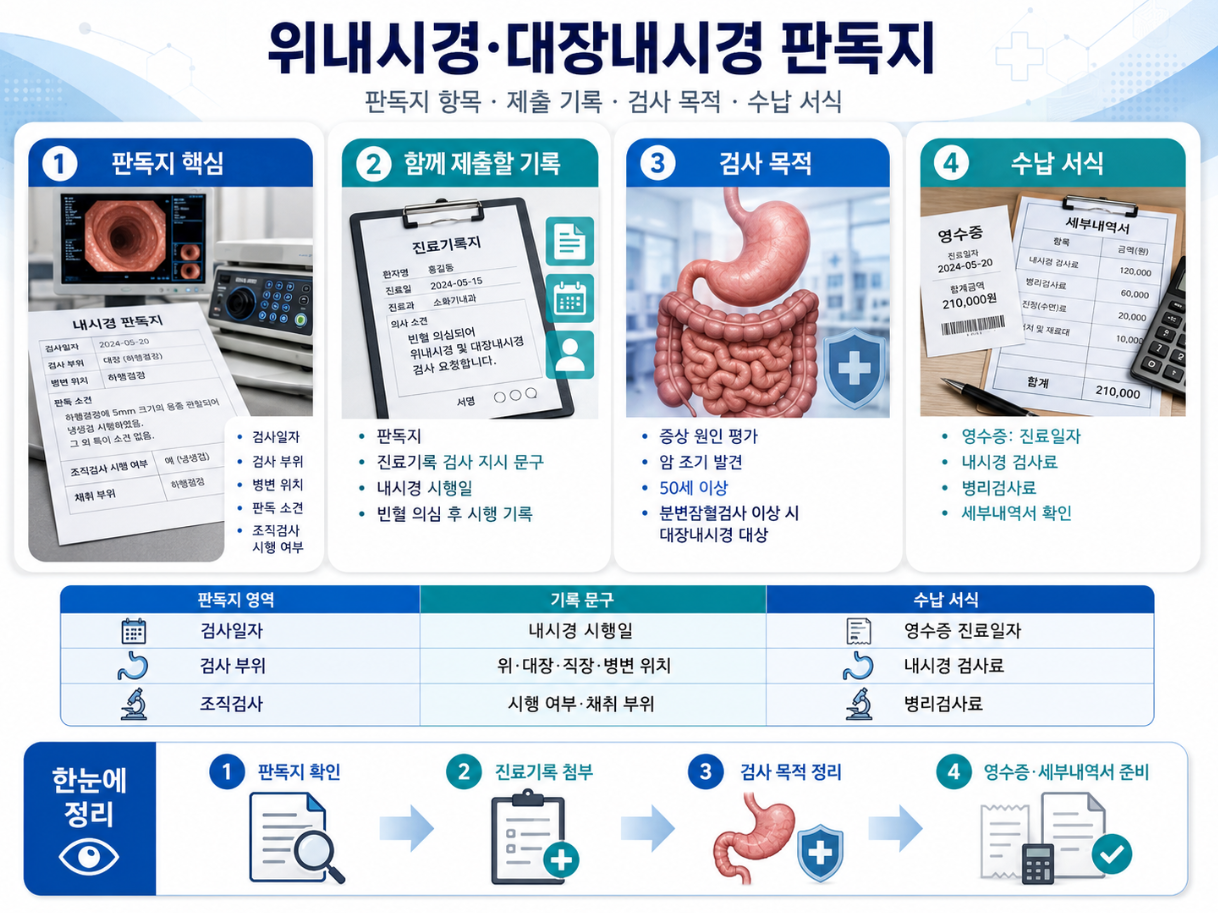 위내시경·대장내시경 판독지의 검사일자, 검사 부위, 판독 소견, 조직검사 시행 여부와 수납 서식을 정리한 메디컬 인포그래픽