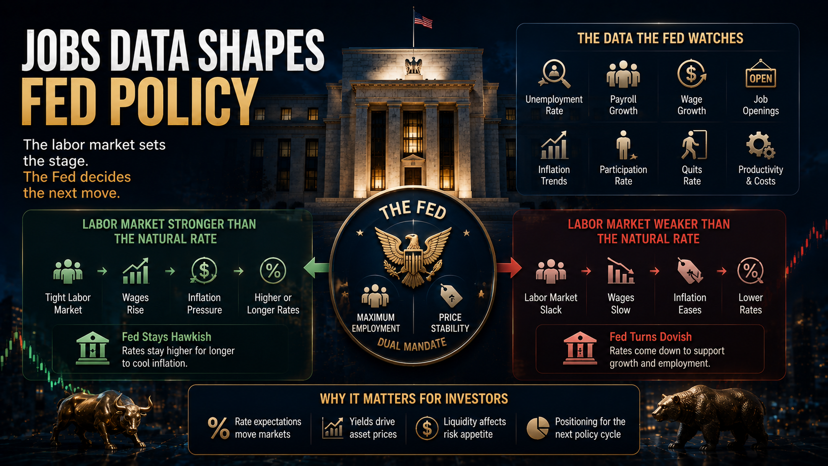Federal Reserve policy infographic showing how labor market data shapes interest rate decisions and monetary policy.
