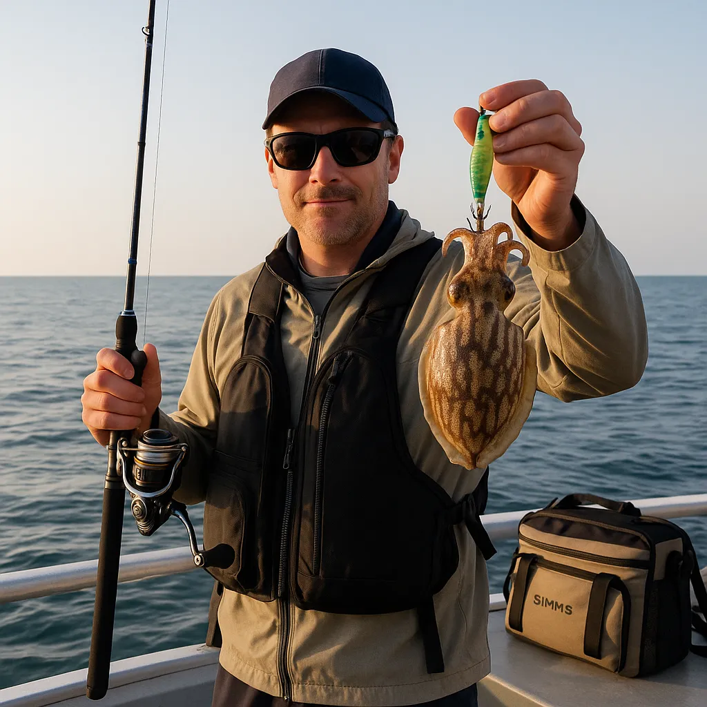 보령 앞바다에서 선상 낚시 중인 낚시인이 갑오징어를 들어 올리는 장면