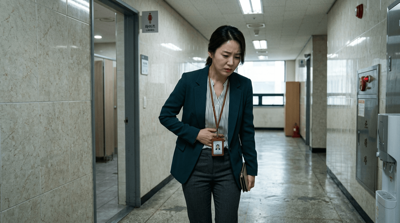 사무실 화장실 복도에서 아랫배를 감싸 쥐며 배뇨통으로 불편한 표정을 짓는 여성 직장인의 모습