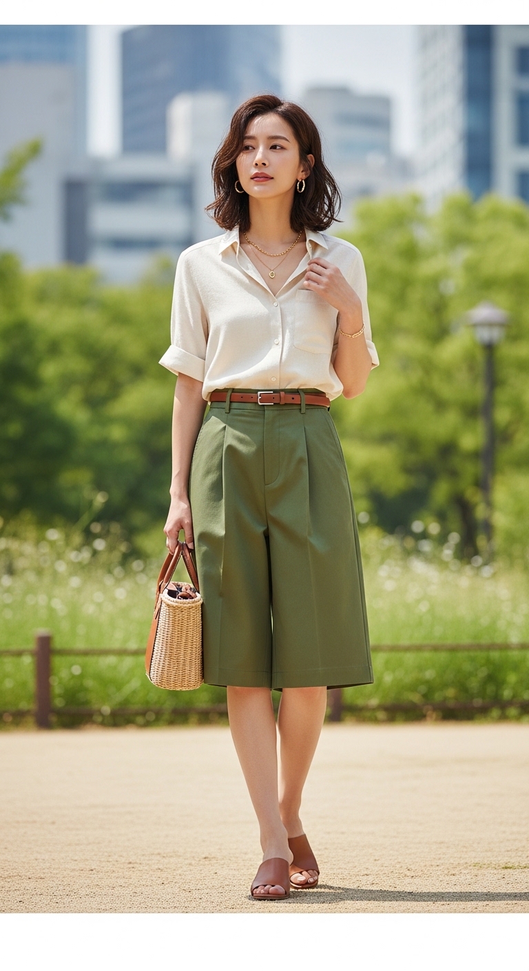 캐주얼하면서도 포멀한 느낌을 주는 반팔 셔츠와 범뮤다 팬츠 조합의 룩