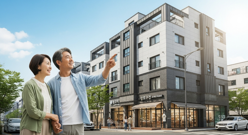 50대 부부가 화사한 오후에 현대적인 상가주택을 바라보며 미소 짓는 모습, 안정적인 은퇴 후 투자를 상징합니다.