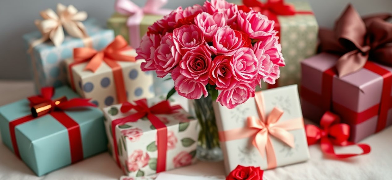 어버이날 부모님께 드릴 선물들과 카네이션 꽃이 놓여 있습니다.