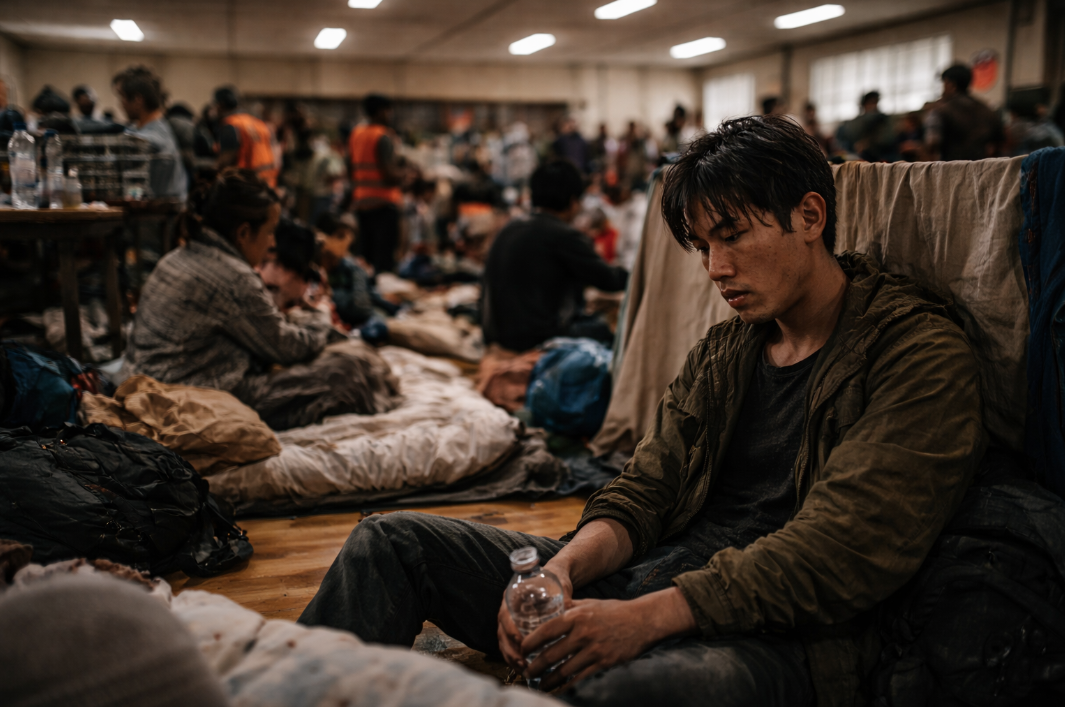 대피소 체육관 바닥에 앉아 숨을 고르는 청년 뒤로 사람들이 모여 있는 장면