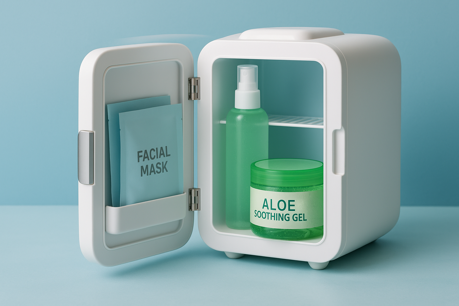 화장품 냉장고 안에 알로에 수딩젤과 미스트 마스크팩을 넣어둔 이미지