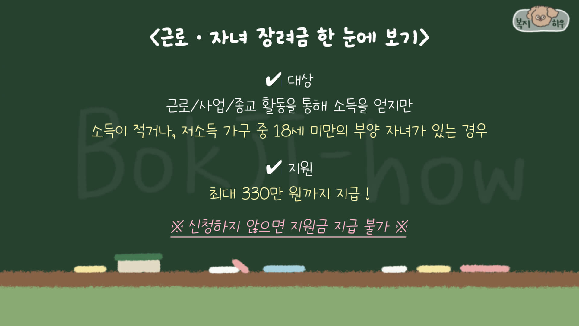 근로자녀장려금은 근로 소득이 적거나, 18세 미만의 부양 자녀가 있는 저소득 가구에게 최대 330만원을 지원하는 정부 복지 제도이다.