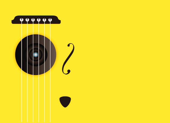 노란색의 기타 몸통을 그린 그림이다. 바탕은 노란색이고 왼쪽에 하얀색의 기타줄 6개가 있다.