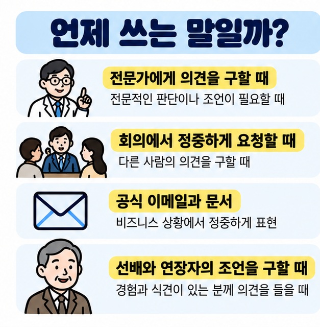 전문가 의견 요청, 회의, 공식 이메일, 선배나 연장자에게 조언을 구할 때 고견을 사용하는 상황을 정리한 카드
