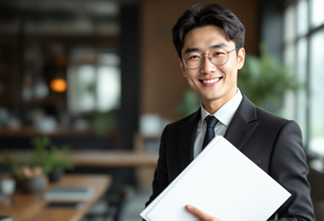 육아휴직 서류를 들고 미소짓는 사업주