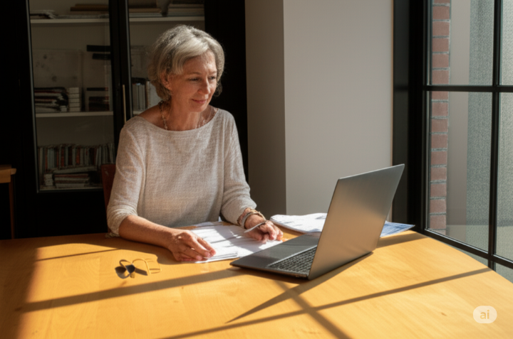 햇살 아래 노트북으로 은퇴 계획을 세우는 중년 여성, 편안하고 희망찬 은퇴 생활 준비