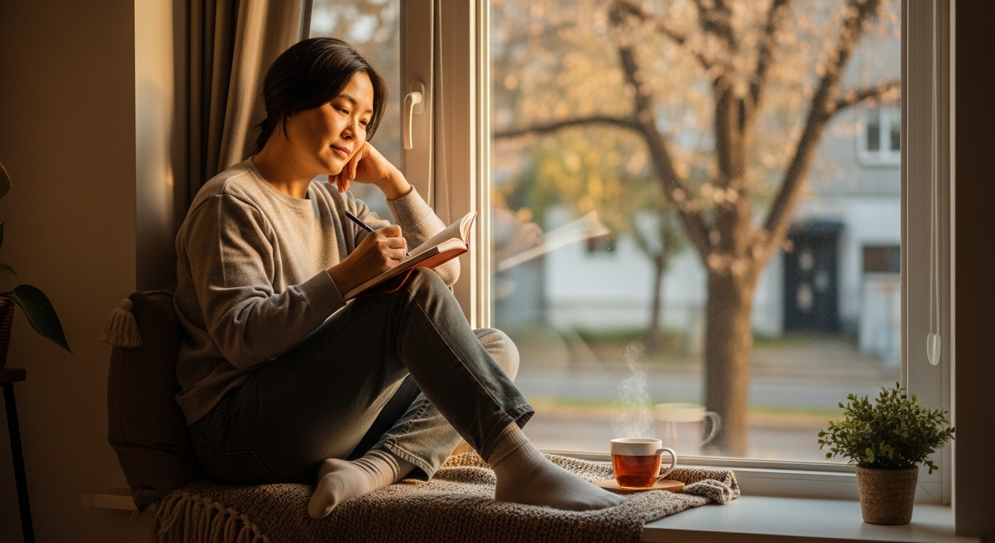차분하게 꿈 일기를 쓰며 자신을 돌아보는 사람의 모습