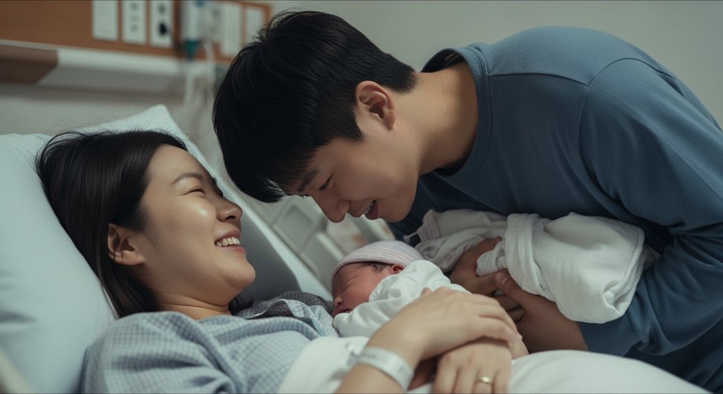 아기를 출산한 엄마와 아기를 행복하게 바라보는 아빠