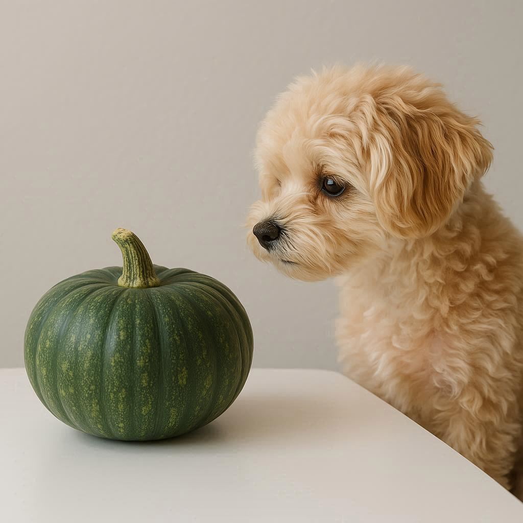 단호박을-바라보고-있는-강아지