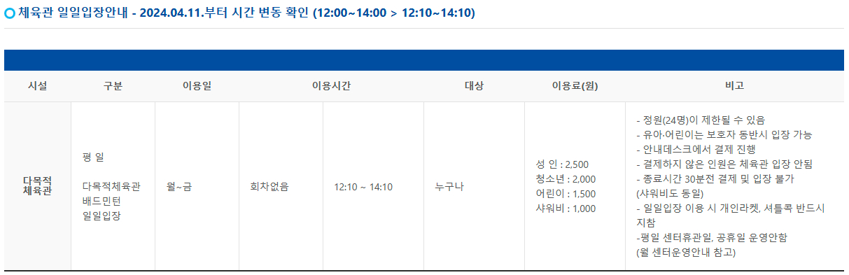 수영구국민체육센터 다목적체육관, 배드민턴 일일입장 이용시간, 이용료 등 안내
