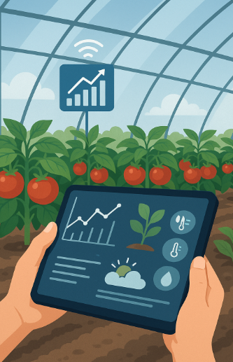 온실에서 태블릿으로 토마토 작황 데이터를 실시간 분석하는 장면