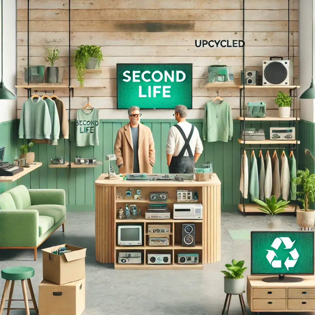 재생된 전자제품, 업사이클링 가구, 친환경 패션 아이템 등이 포함된 현대적이고 지속 가능한 공간이에요.