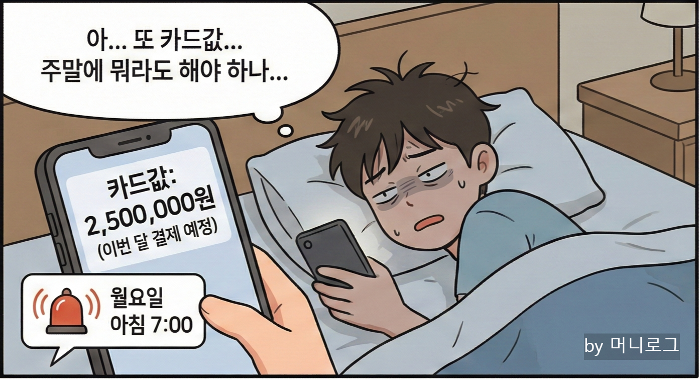 카드값과 생활비 걱정으로 주말 투잡을 고민하는 직장인의 모습
