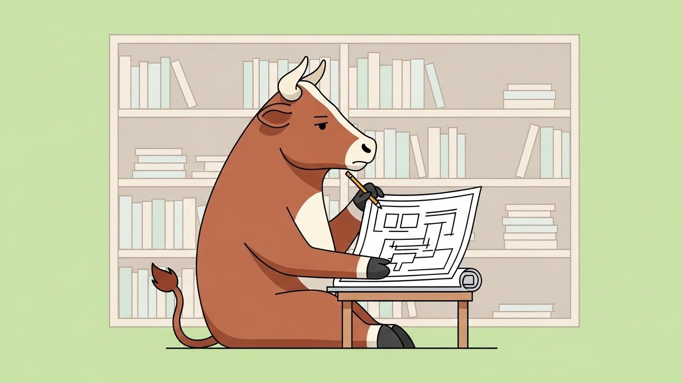 도서관에서 청사진을 보며 미래를 설계하는 차분한 소 캐릭터의 2D 플랫 벡터 일러스트