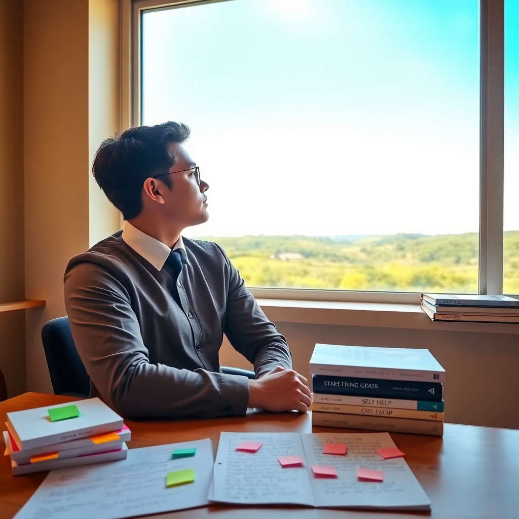 탁 트인 창밖 풍경을 바라보며 사색에 잠긴 젊은 공무원. 밝은 햇살이 방을 가득 채우고, 책상 위에는 자기계발 서적이나 앞으로의 계획을 적은 메모지가 놓여있는 모습.