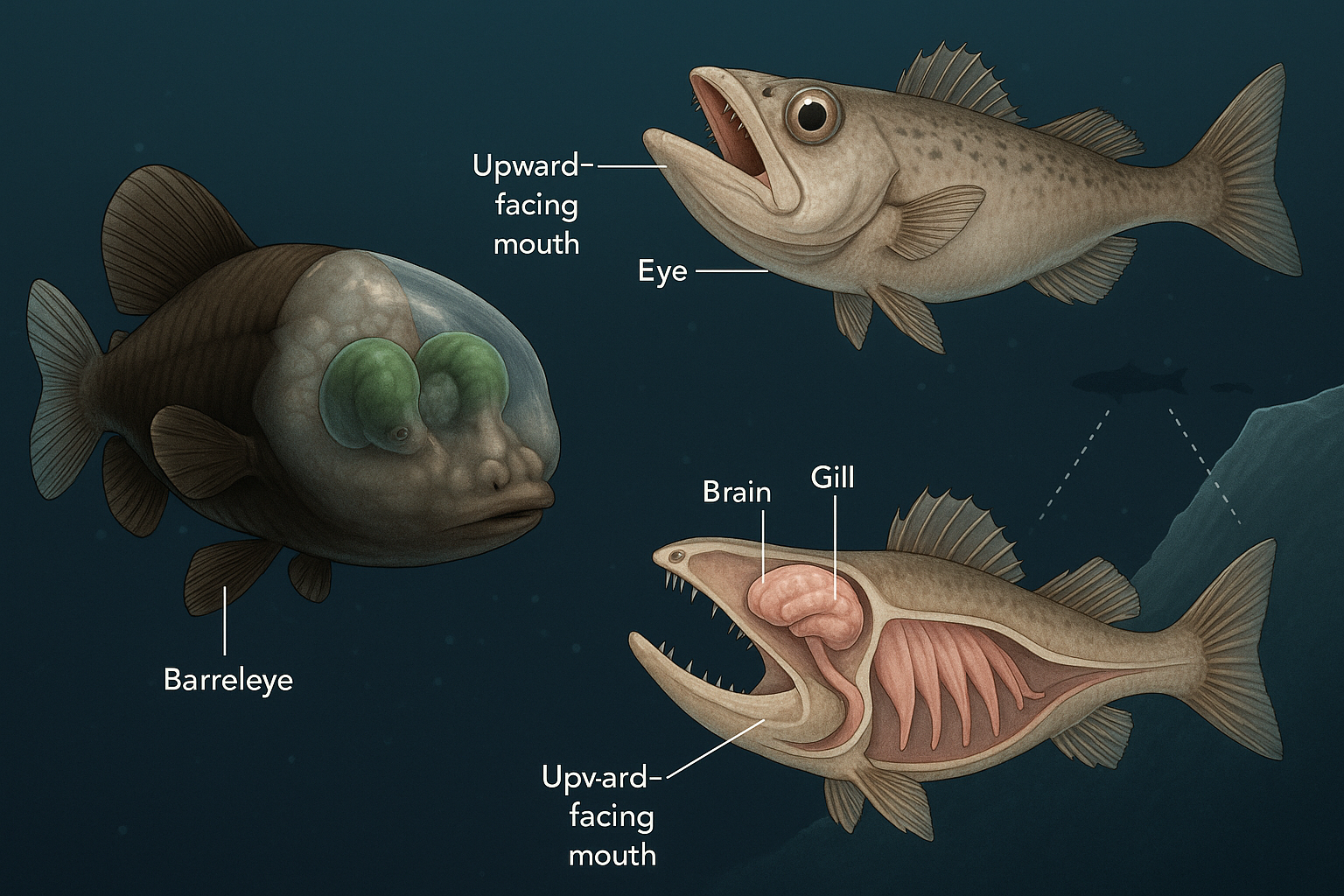 뒤집힌 눈, 입이 위를 향한 물고기 &ndash; 심해 괴물의 해부학
