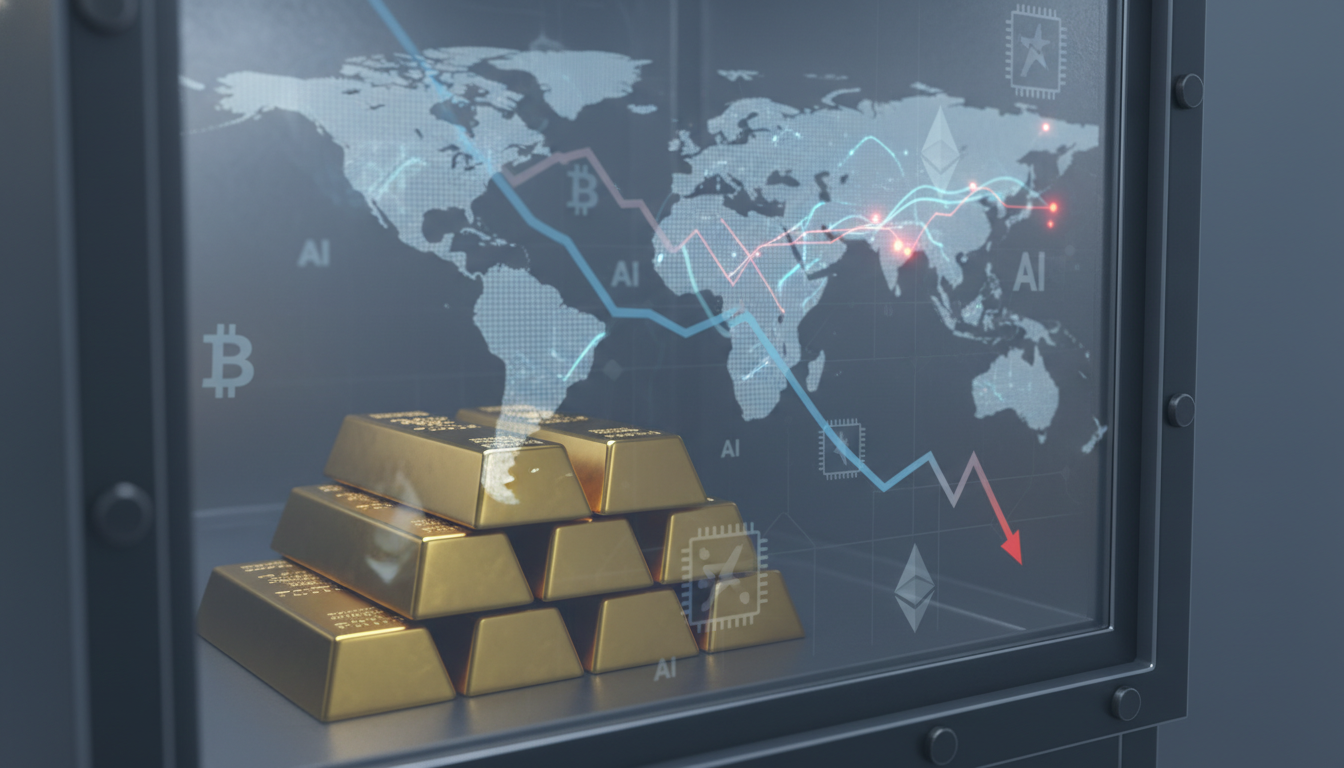 불안정한 2026년 세계 경제 속에서 강달러와 기술 발전으로 인해 예상치 못하게 하락하는 금값과 다양한 투자 자산들이 공존하는 모습