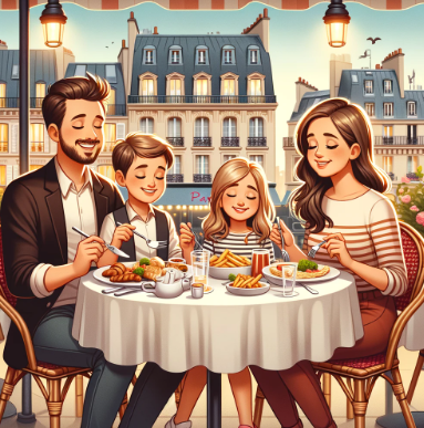 4인 가족이 파리 레스토랑에서 식사하는 모습