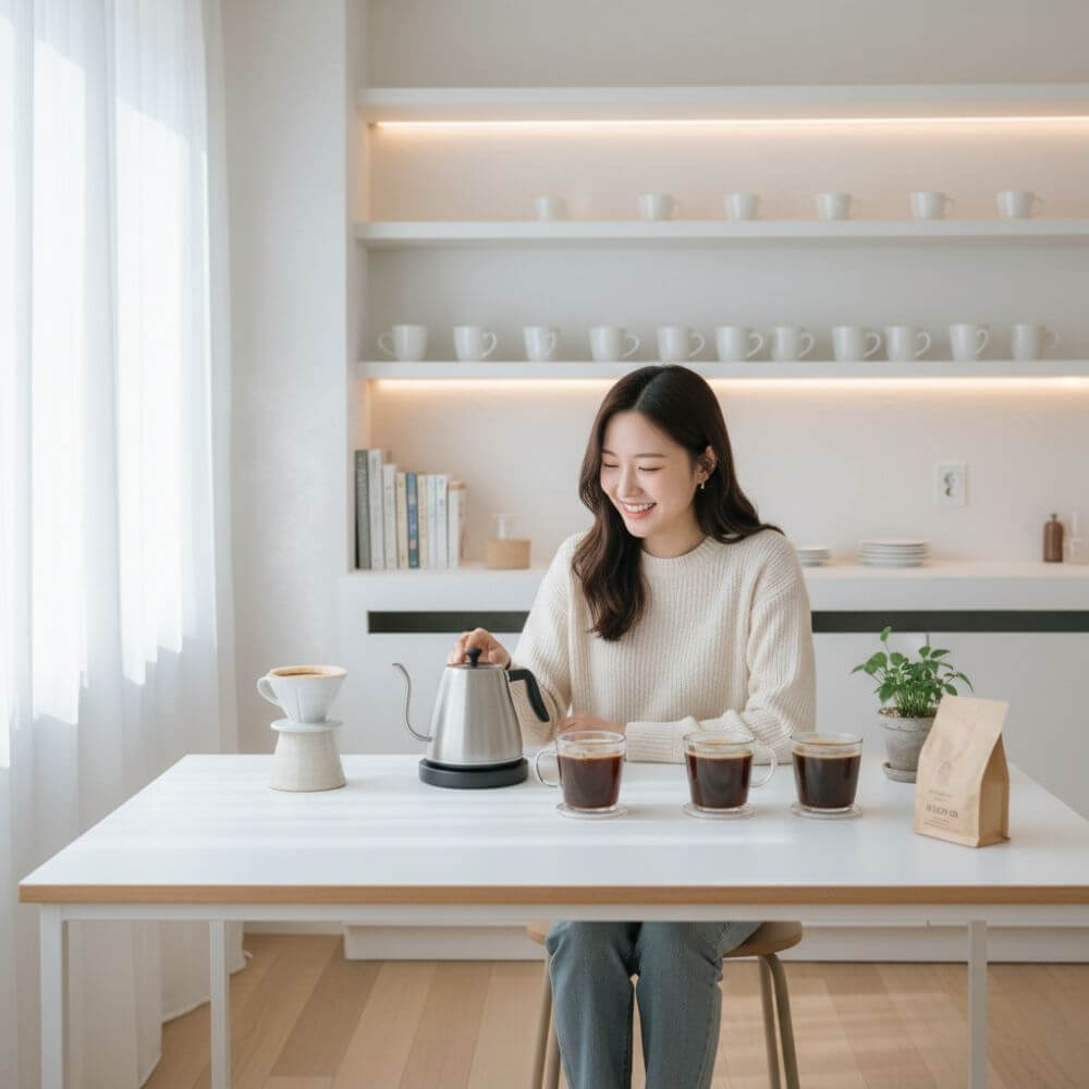 핸드드립 물 온도를 비교하고있는 여자의 모습