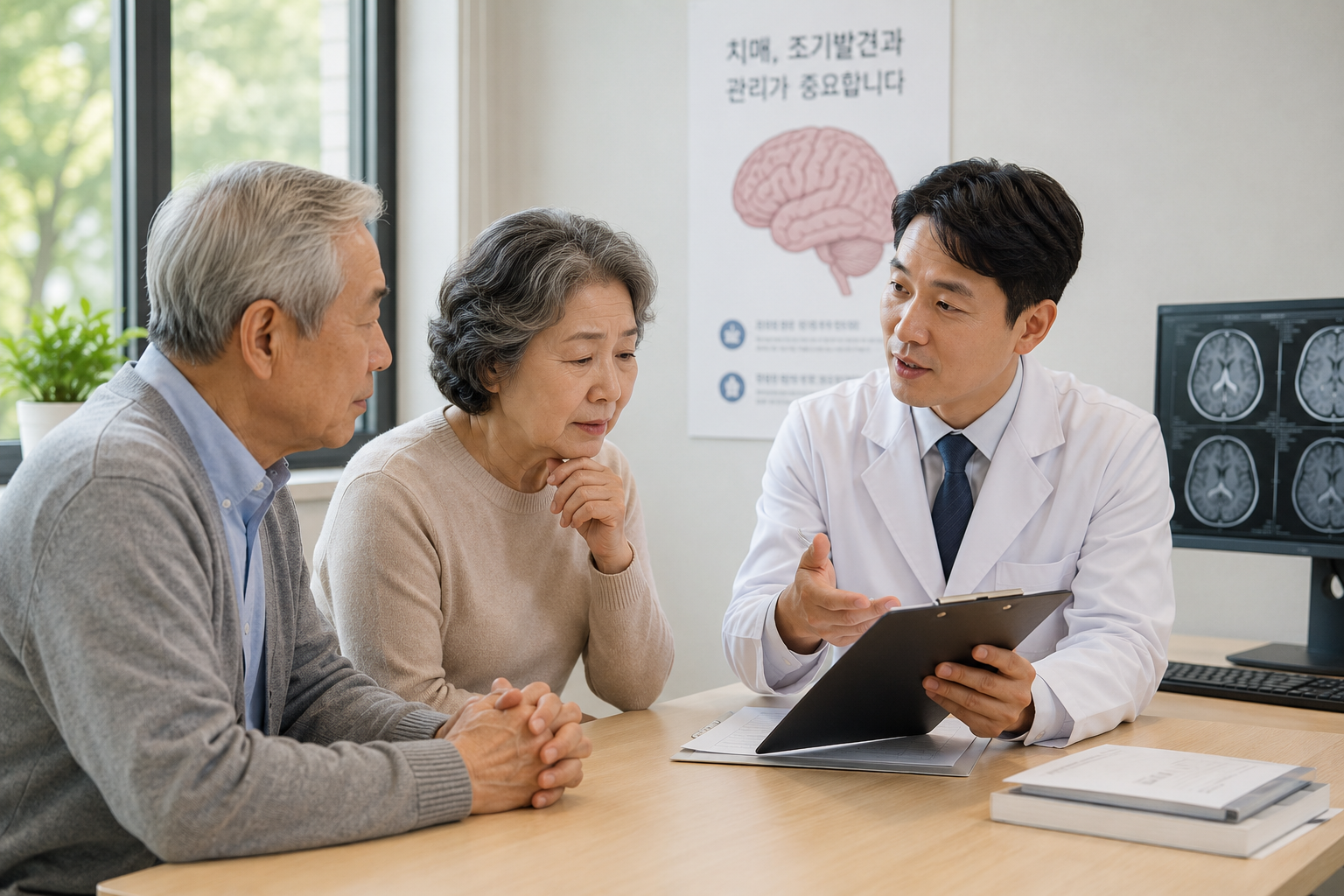 치매 진단을 받은 부모와 보호자가 병원에서 상담을 받는 모습