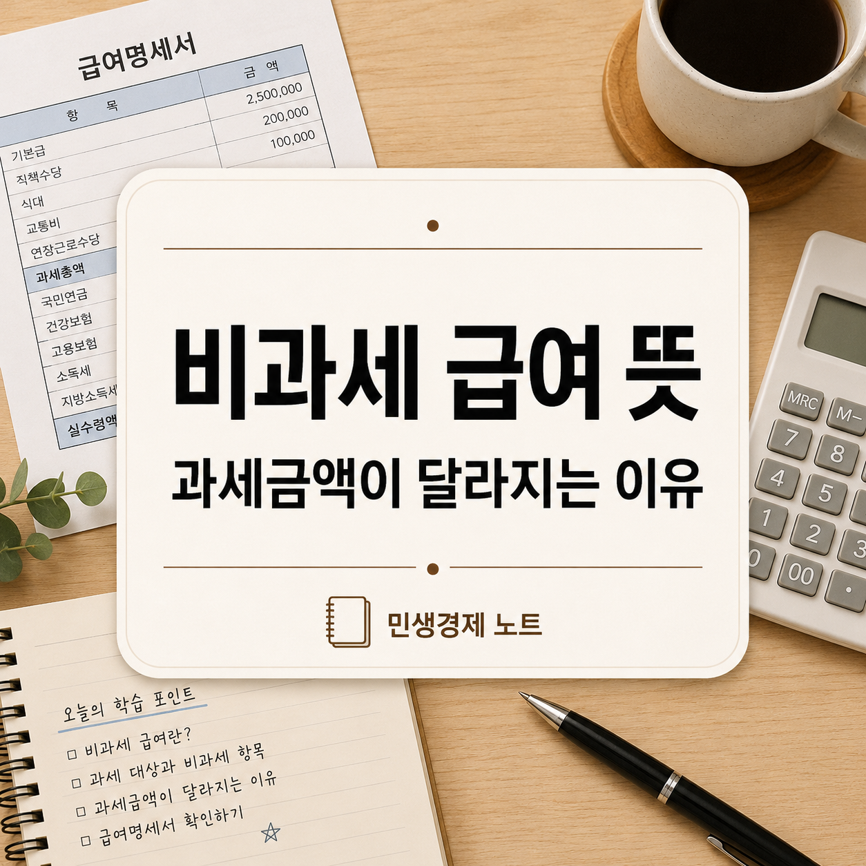 첫 월급명세서를 확인하는 사회 초년생이 비과세 급여와 과세금액 차이를 공부하는 생활경제 노트형 대표 이미지