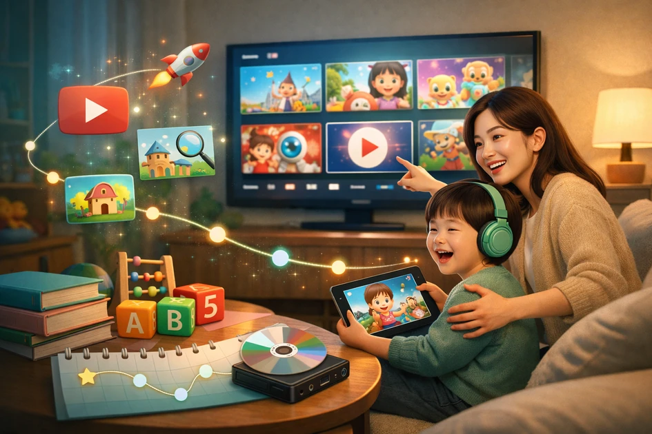 거실에서 엄마와 유아가 TV와 태블릿으로 영어 콘텐츠를 함께 보며 홈스쿨링을 하는 모습, 책과 알파벳 블록, 교육 아이콘이 배경에 배치된 16:9 썸네일 이미지