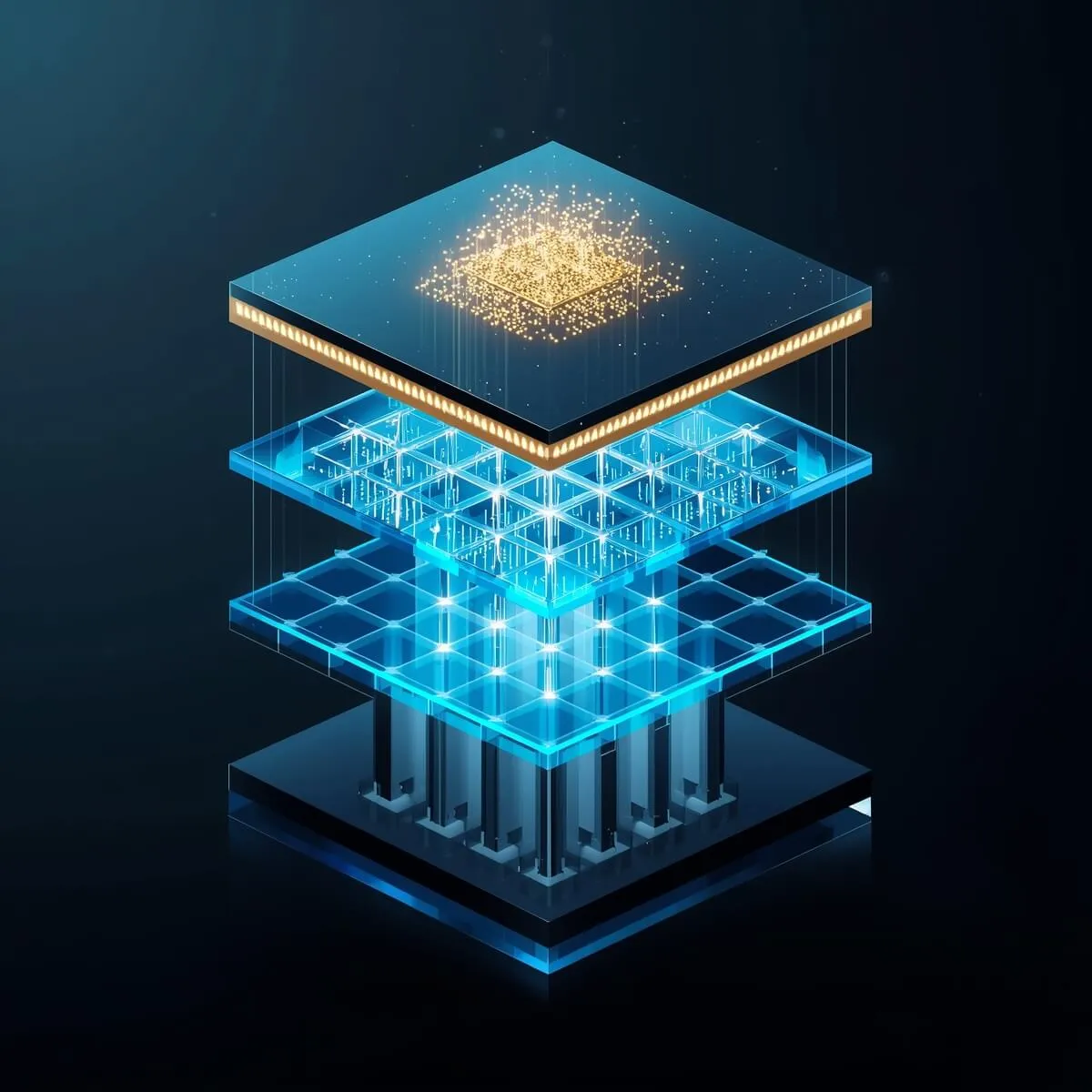 사이퀀텀(PsiQuantum): 사이퀀텀 Omega 칩셋의 내부 구조를 보여주는 기술 단면도. 위에서 아래로 ①단일 광자 광원(99.8% 순도), ②실리콘 나이트라이드 도파로(99.999% 충실도), ③바륨 티타네이트 BTO 스위치(나노초급 스위칭), ④초전도 SNSPD 검출기(99.98% 충실도)가 배치