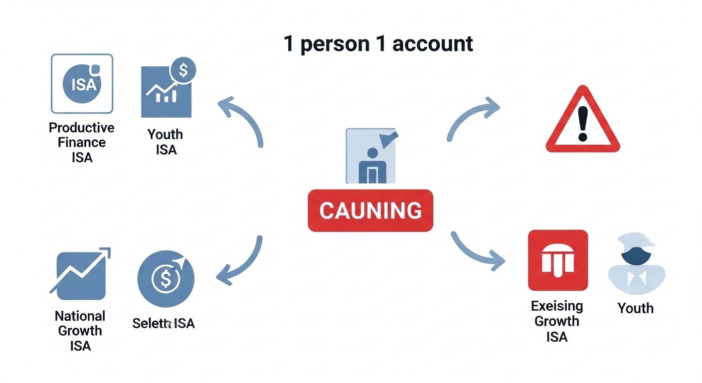 다양한 ISA 상품들 중 단 하나만 선택할 수 있음을 보여주는 1인 1계좌 원칙 인포그래픽.