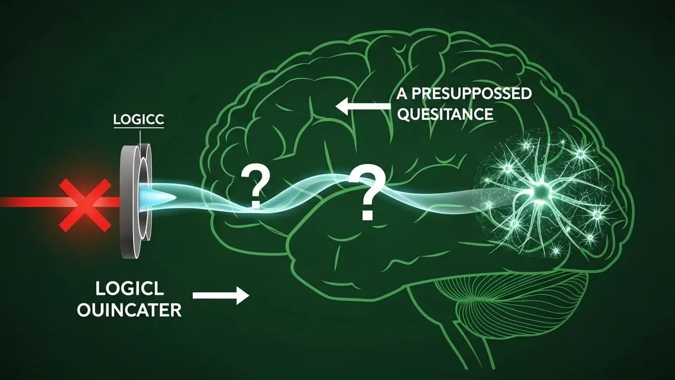 뇌 속 정보 처리 과정을 시각화: 확언은 논리적 장벽에 막히지만, 질문은 장벽을 우회하여 뇌의 신경망이 활성화되는 모습.