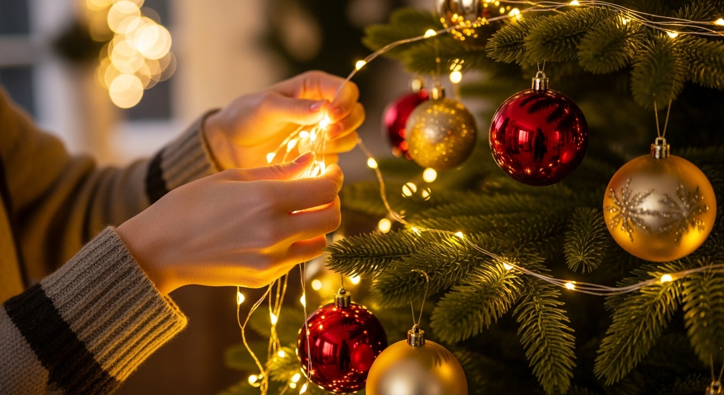 부분적으로 장식된 크리스마스 트리에 따뜻한 흰색 LED 전구를 조심스럽게 감는 손의 클로즈업 이미지, 부드러운 빛과 클래식한 클래식한 오너먼트가 보임.