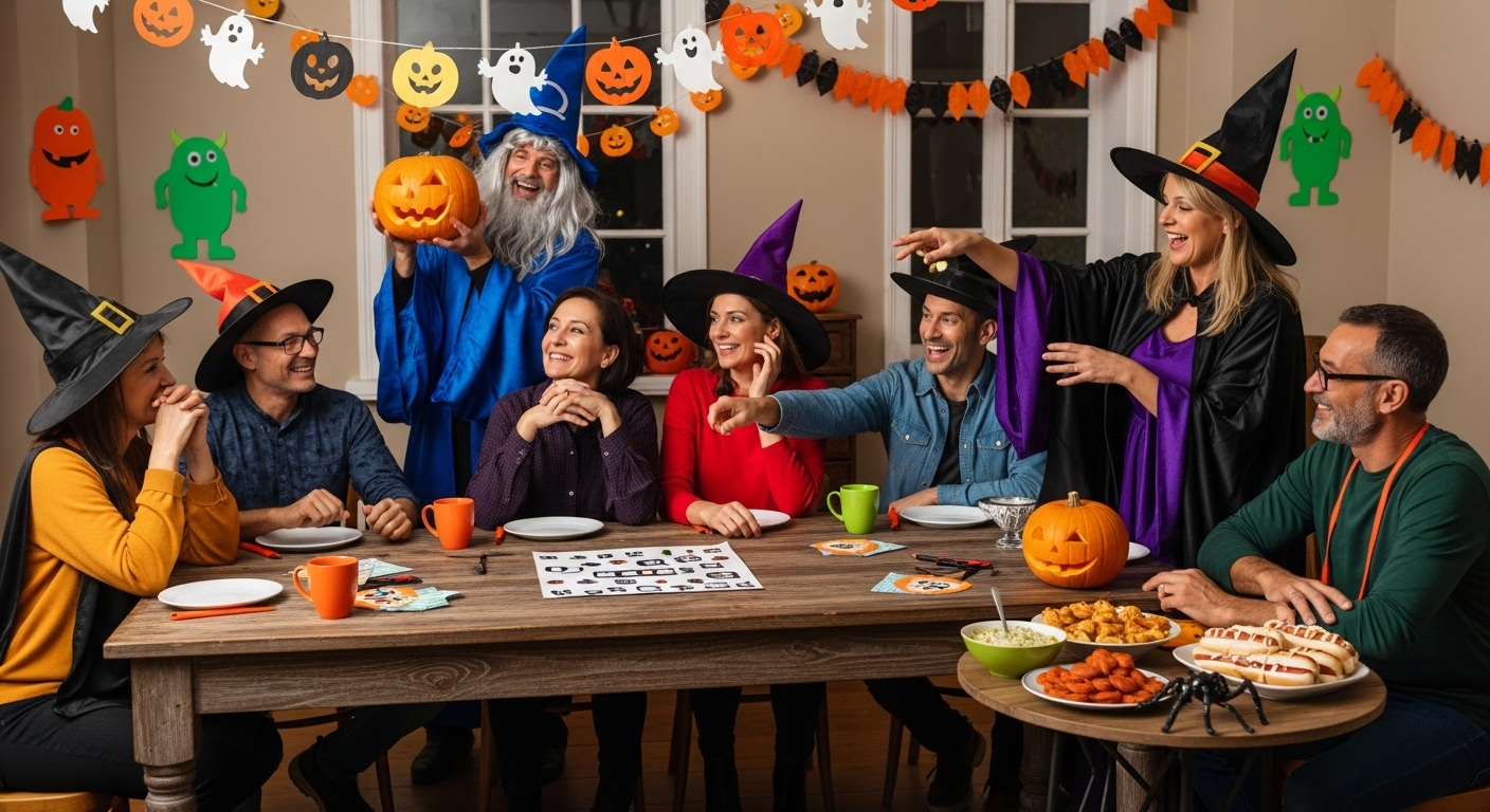 할로윈 파티에서 호박 조각하기 게임을 즐기는 중년들. 서로 웃으며 유쾌한 시간을 보내고 있다.